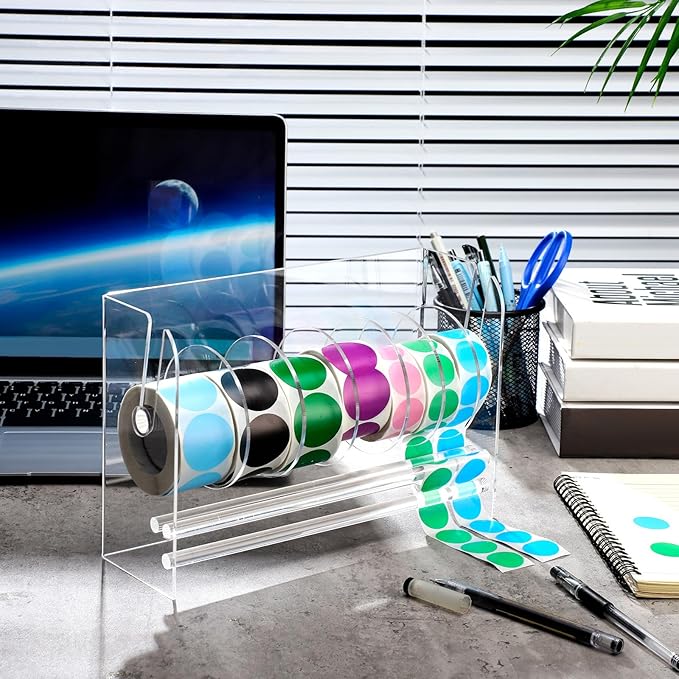 Qilery Adjustable Label Dispenser Acrylic Roll Sticker Dispenser Sticker Holder Organizer Label Stand for Holding Office and Home(7 Disks)