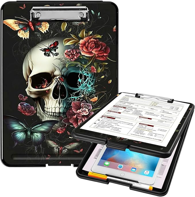 A4 Clipboards,Heavy Duty Waterproof Nursing Plastic Folder Clipboard with Storage Clip Boards,File Folder Storage Box Clipboard Case for Teacher,Doctor,Offices,Butterfly Skull Flower