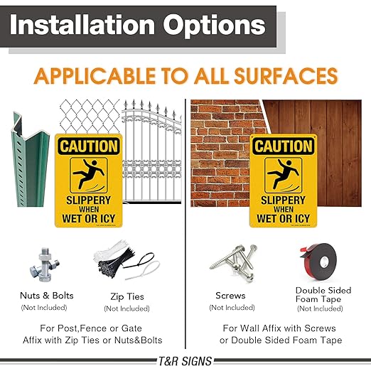 Slippery When Wet Or ICY Sign, Caution Sign, 2 Pack, 10" x 7" Rust Free .040 Aluminum, UV Protected, Waterproof, Weatherproof and Fade Resistant, 4 Pre-drilled Holes