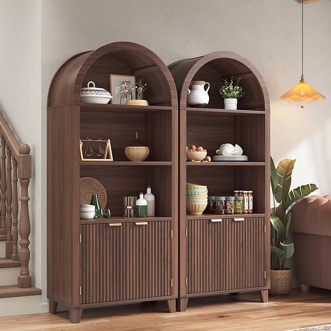 Arched Kitchen Pantry, 5-Tier Arched Cabinet with Fluted Doors, Storage Cabinet with Open & Adjustable Shelves, Versatile Cupboard for Dining Room, Living Room, Walnut
