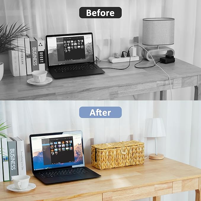efluky Hand-Woven Cable Management Box with Lid, Water Hyacinth Cord Organizer Box to USB Wire, Power Strip & Charger, 2 Open Slots Cable Box for TV Table, Office Desk & Floor, Natural