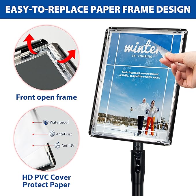 6Packs 8.5x11 Inch Adjustable Pedestal Poster Sign Stand, Heavy Duty Floor Standing Sign Holder Stand Aluminum Snap Open Frame for Vertical and Horizontal View Sign Displayed(Black)