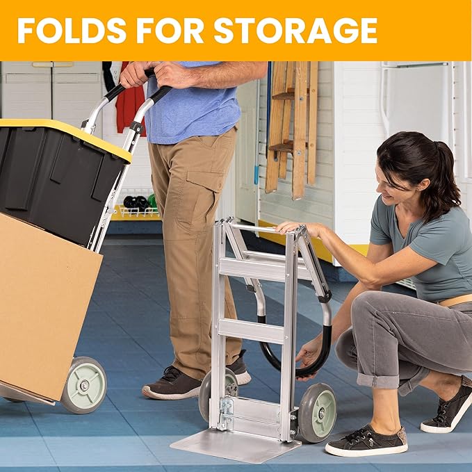 Fully Assembled Foldable Hand Truck with 8" Mold-On Rubber Wheels – Horizontal Loop Handle. 500 Lb. Capacity Dolly for Travel, Moving and Office Use | 14 X 7.5 Extruded Aluminum Nose Plate