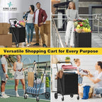4.7 Cu Ft Folding Shopping Cart - 480 LB Capacity Grocery Cart with 360° Braked Swivel Wheels - Heavy Duty Utility Cart with Double Basket & Removable Waterproof Liner with Lid for Laundry