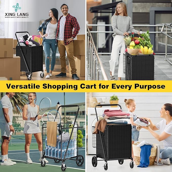 4.7 Cu Ft Folding Shopping Cart - 480 LB Capacity Grocery Cart with 360° Braked Swivel Wheels - Heavy Duty Utility Cart with Double Basket & Removable Waterproof Liner with Lid for Laundry