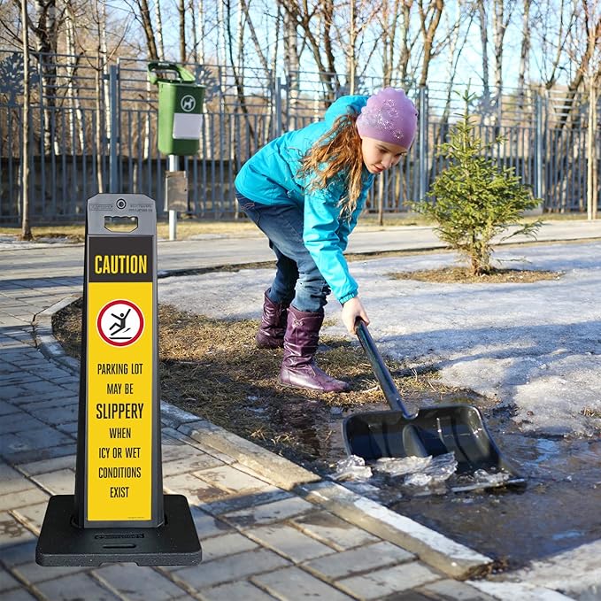 SmartSign Parking Lot Slippery When Icy Or Wet LotBoss Vertical Panel Sign Kit with Rubber Base, Double-Sided, 7.875" x 35.5" 3M Engineer Grade Reflective Parking Lot Sign, Plastic Frame, USA-Made