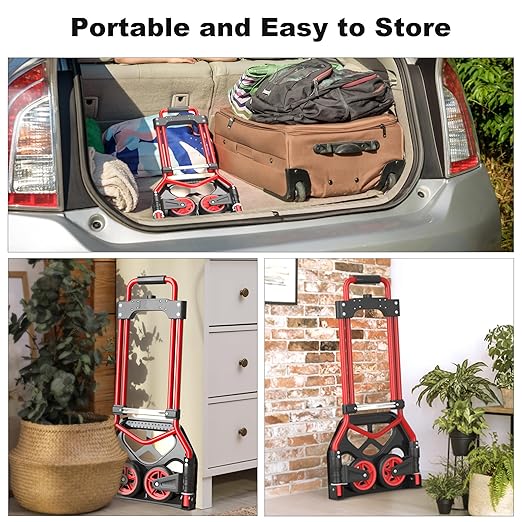Folding Hand Truck Dolly Cart, 180LBS Portable Aluminum Hand Truck Foldable with Telescoping Handle and Elastic Cord for Luggage, Boxes, Functionality Foldable Dolly for Home, Moving, Black Red