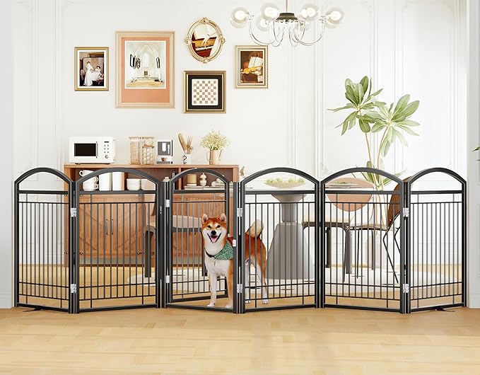 Folding No-Assembly Metal Freestanding Dog Gate with Door Walk Through,32" Height Pet Fence,144" Extra Wide Accordion Puppy Folding Playpen for Doorways,House,Stairs (6 Panels,Black)