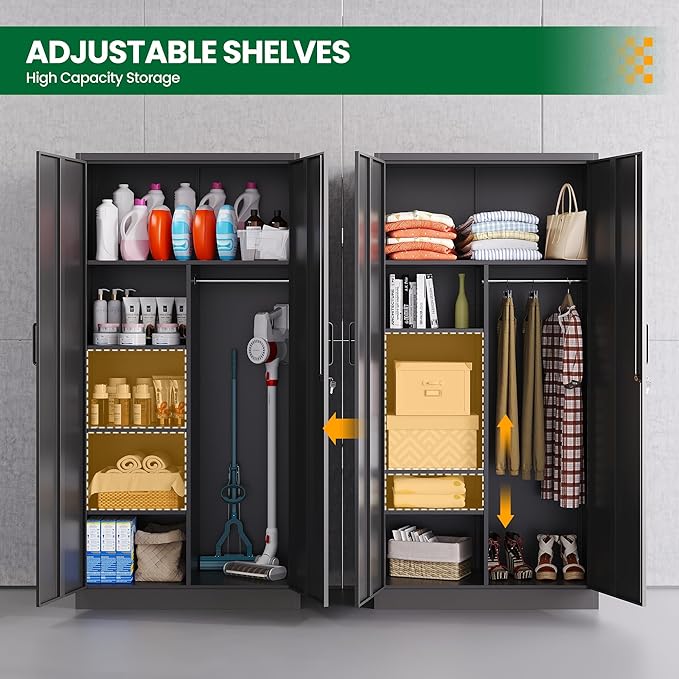 Broom Closet with Lock, Metal Storage Cabinet 36" Wide, 5-Tier Steel Utility Cabinet with Hanging Rod & Doors for Garage, Laundry Room, Warehouse Storage