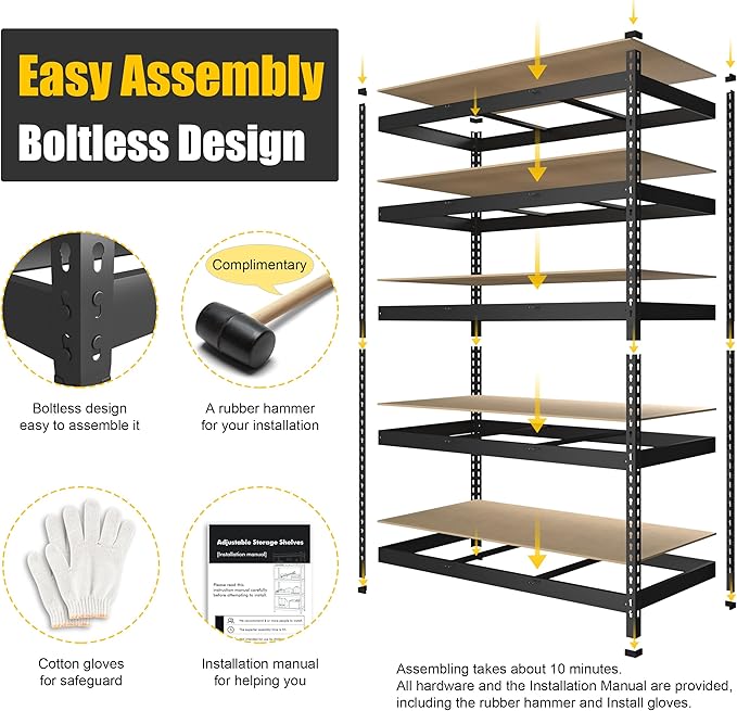 PrimeZone 6 Pack Heavy Duty Storage Shelves - 47" W x 18" D x 71" H 5 Tier Adjustable Garage Storage Shelving, Metal Storage Utility Rack Shelf Unit for Warehouse Pantry Closet Kitchen, Black
