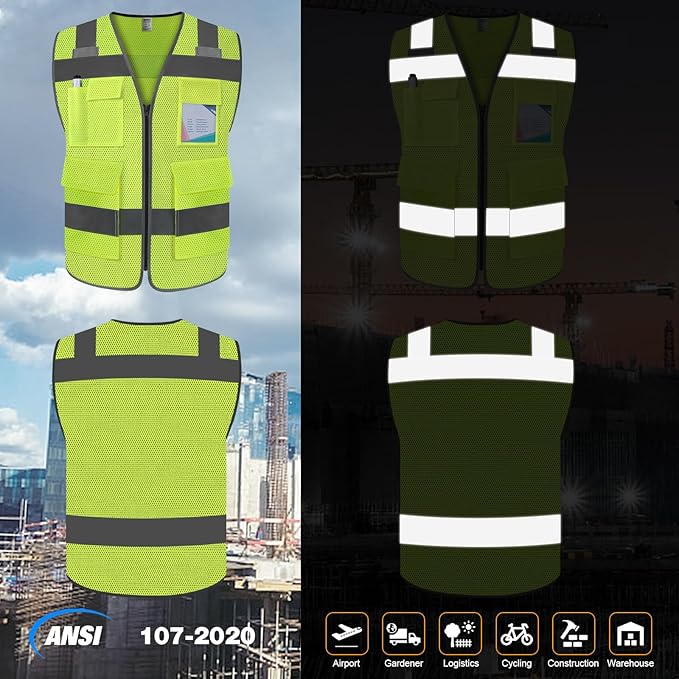 TCCFCCT Mesh Safety Vest for Men Women 5 Pockets Reflective Vest with Reinforced Zipper, High Visibility Construction Work Vest with Tabs for Walkie-talkie, Durable to Use, Meets ANSI/ISEA, Yellow, XXL