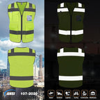 TCCFCCT Mesh Safety Vest 5 Pockets High Visibility Reflective Vest for Men Women, Durable Construction Vest with Horizontal Strip for Walkie-talkie, Meets ANSI/ISEA Standards, Yellow, L