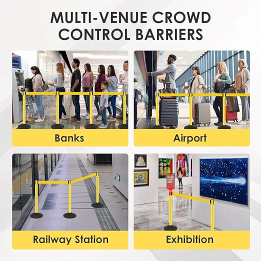 6 Pack Stanchions with Retractable Belts - Heavy Duty Crowd Control Barriers with Weighted Rubber Base, Retractable Belt Stanchions for Queue Line, Events, Public Safety(Yellow，6 Pack）