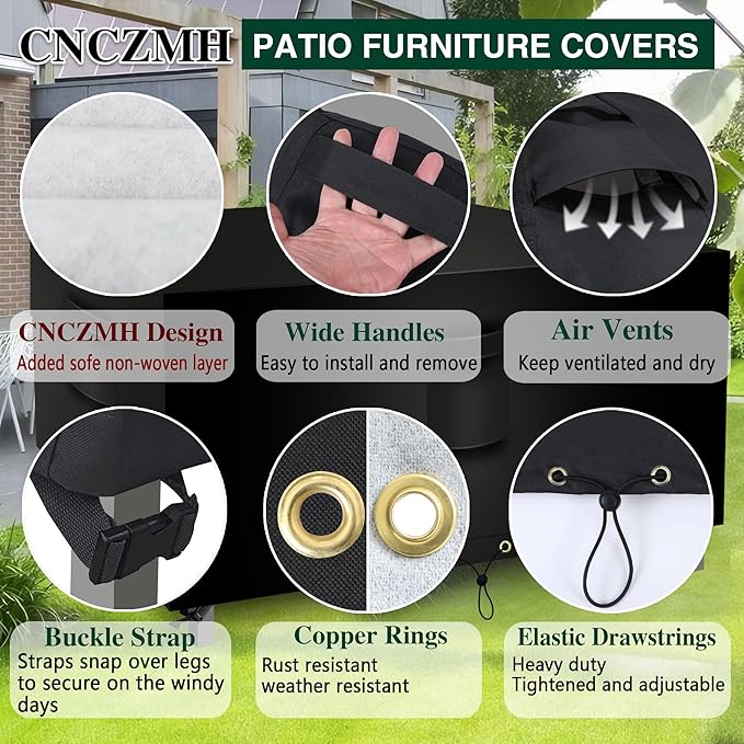 Square Heavy Duty Patio Table Covers Waterproof, 600D Outdoor Dining Table and Chair Set Covers, Outdoor Furniture Cover Waterproof for Sectional Sofa Couch 106''L x 106''W x 32''H, Black