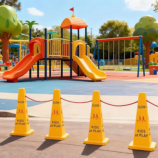 10 Pack Slow Down Kids at Play Cones 26.38 Inch Slow Kid at Play Safety Signs for Street Four Side Visibility Floor Standing Yellow Traffic Cone for Lawn, School, Yard, Gymnasium, Playground