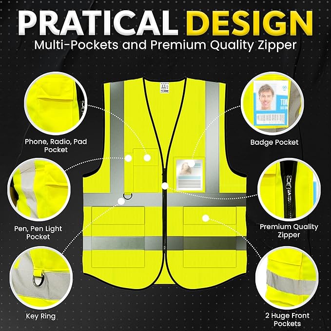 PeerBasics Safety Vest 5 Pack, Yellow, ANSI Class 2, Reflective, For Men Women Unisex, With Pockets Zipper, Breathable Mesh (Medium)