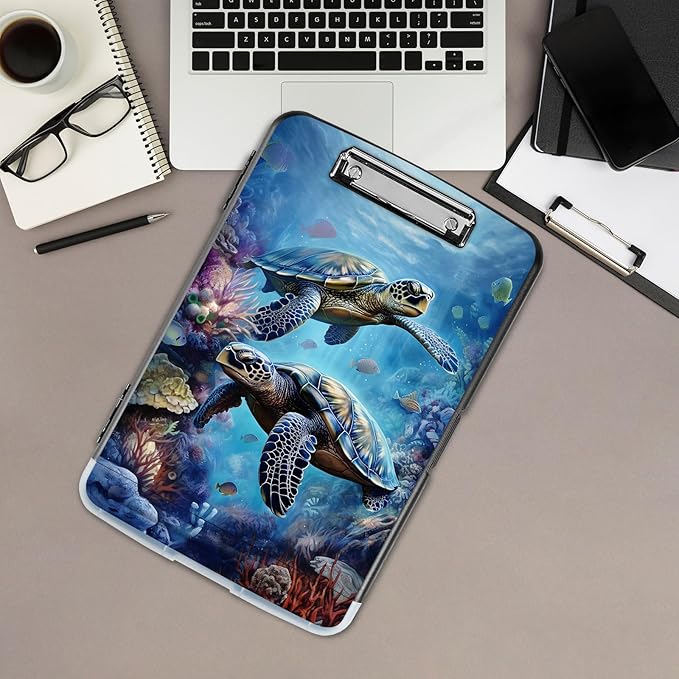 Clipboard with Storage,Office Supplies Nursing Clipboards Folder with Pen Holder Plastic Storage ClipBoard Foldable for Teacher Nurse,Turtle in Sea