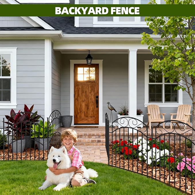 5 Panels 32in(H) Decorative Garden Fence, Total 11ft L Heavy Duty Iron Metal No Dig Animal Barrier Fence, Garden Border Fencing, Temporary Dog Fencing Outdoor for Yard