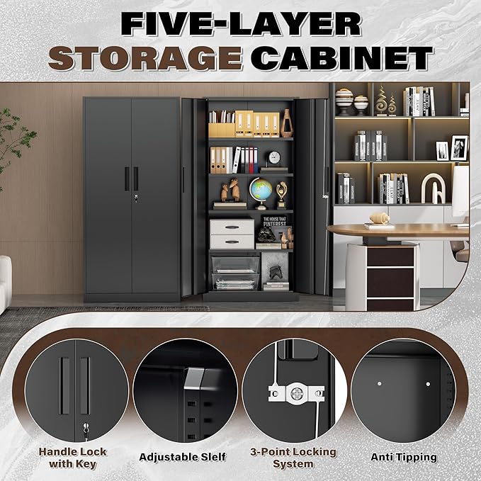 Incbruce 72” Metal Storage Cabinet, Garage Cabinets and Storage System with Doors and Shelves, Tall Lockable Tool Cabinet for Garage, Office, Home (Black)