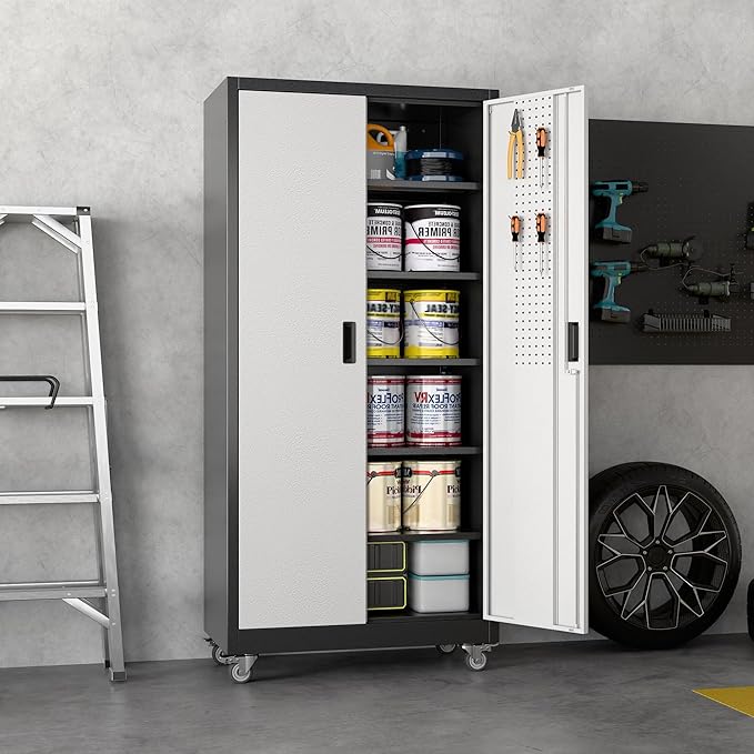 Garage Storage Cabinet with Wheels & Pegboard, Lockable Metal Storage Cabinet with Doors and 5 Adjustable Shelves for Garage Workshop Home, Assembly Required, Black and Silvery, 71" H×34" W×18" D