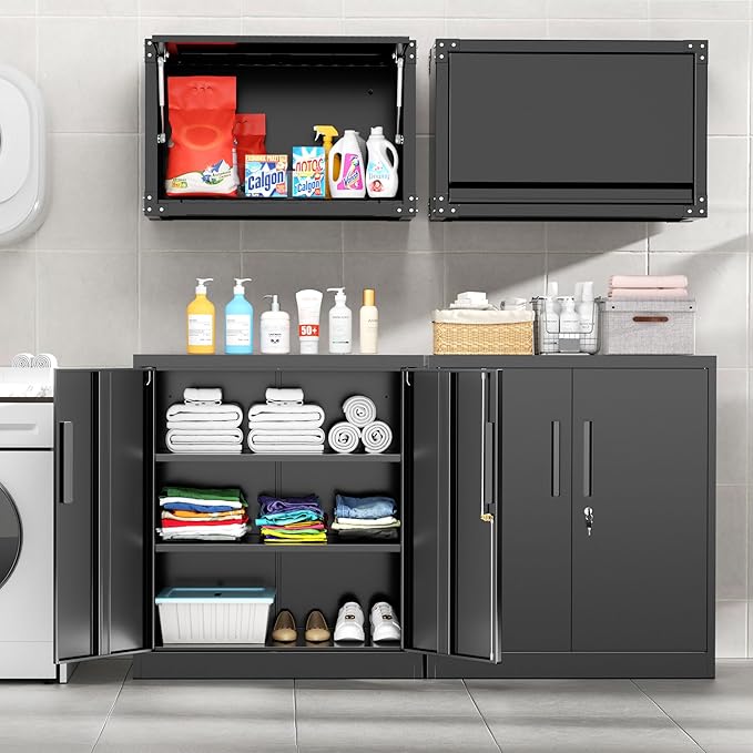 Pataku Metal Storage Cabinet, Garage Cabinet with Doors and Shelves 36" Hx32 Wx16 D, Steel Lockable File Cabinets for Office, Home, Garage, Basement, Industrial, Black
