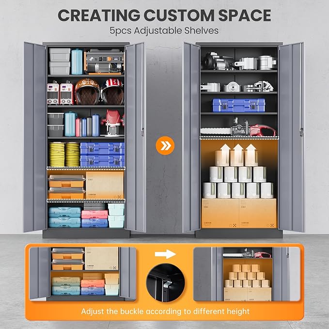 Metal Garage Storage Cabinets with Lock, 71" Tall Tool Cabinet with 2 Door and 5 Adjustable Shelves, Locking Garage Cabinets and Lockable Steel Locker for Home Office Warehouse-(Black Gray-71”H)