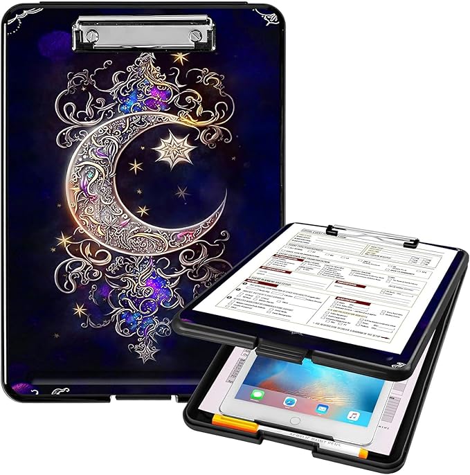 A4 Clipboards,Heavy Duty Waterproof Nursing Plastic Folder Clipboard with Storage Clip Boards,File Folder Storage Box Clipboard Case for Teacher,Doctor,Offices,Moon Star Galaxy Floral