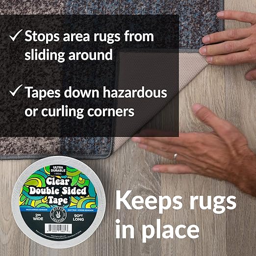 Clear Double-Sided Tape for Crafts, 2 Inch Wide Heavy-Duty Adhesive, Strong Sticky Thin Mounting Tape for Posters, Carpets, and Wall-Safe Use, 90ft x 2"