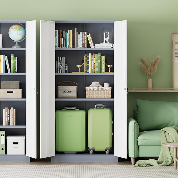 INTERGREAT Metal Storage Cabinet with Lock, 61" H Metal Cabinets Storage with 2 Doors and 4 Adjustable Shelves, Locking Garage Cabinet for Home Office, Kitchen, Bathroom (White Grey)