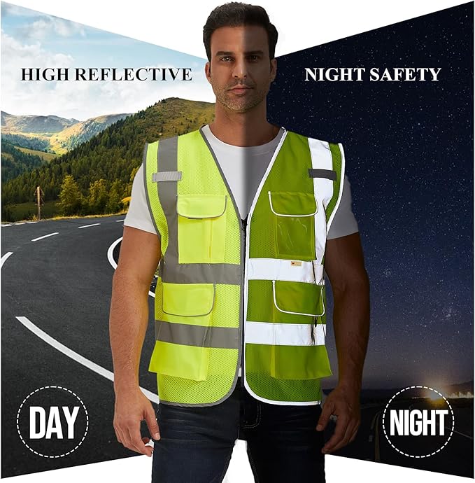 SIFE Reflective Safety Vest High Visibility Vest With 7 Pockets And YKK Zipper, ANSI/ISEA Class 2 Standard, Made With 3M Reflective Tape(03Y-Yellow Mesh,M)
