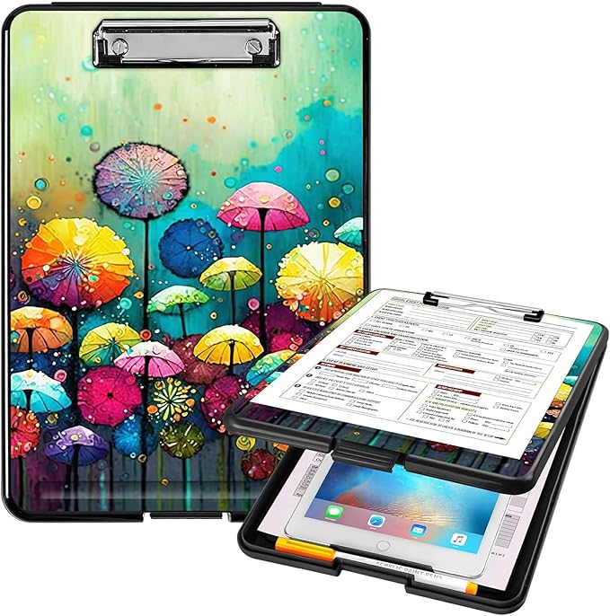A4 Clipboards,Heavy Duty Waterproof Nursing Plastic Folder Clipboard with Storage Clip Boards,File Folder Storage Box Clipboard Case for Teacher,Doctor,Offices,Colored Mushroom