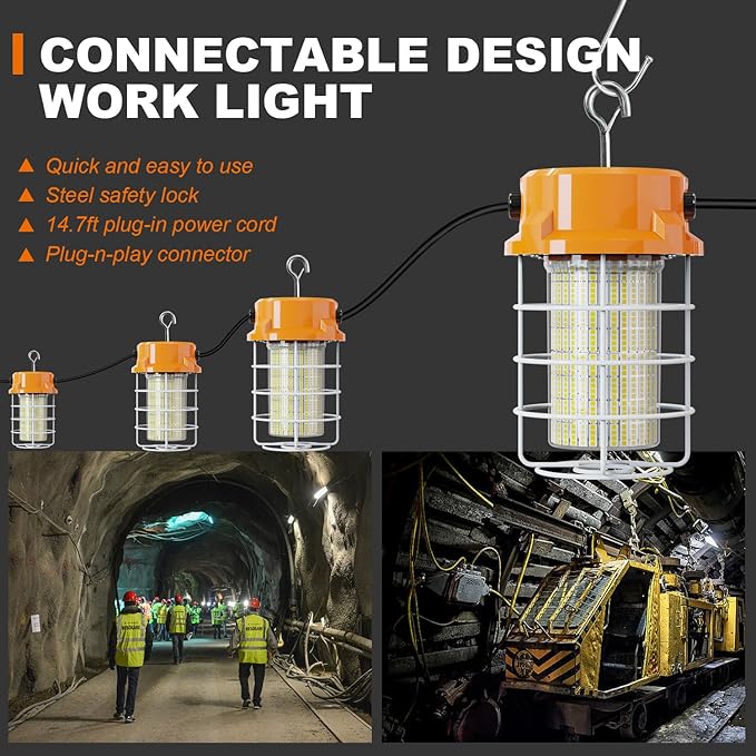 100W LED Temporary Work Light 15000lm Construction Lights 5000K Temp Light, Temp Work Lights Stainless Steel Guard Sturdy Hook Hanging for Outdoor Indoor High Bay Fixture Mine Workshop Jobsite