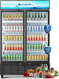 AAOBOSI Commercial Merchandiser Refrigerator,36.8 Cu.Ft Glass Door Display Refrigerator,Upright Beverage Cooler Fridge with Soft LED Light, Customizable Lightbox,Universal Casters, Adjustable Shelves