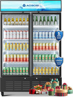 AAOBOSI Commercial Merchandiser Refrigerator,36.8 Cu.Ft Glass Door Display Refrigerator,Upright Beverage Cooler Fridge with Soft LED Light, Customizable Lightbox,Universal Casters, Adjustable Shelves