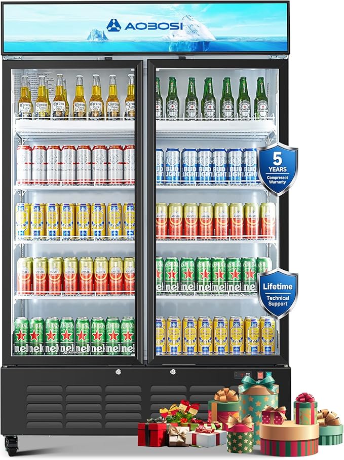 AAOBOSI Commercial Merchandiser Refrigerator,36.8 Cu.Ft Glass Door Display Refrigerator,Upright Beverage Cooler Fridge with Soft LED Light, Customizable Lightbox,Universal Casters, Adjustable Shelves