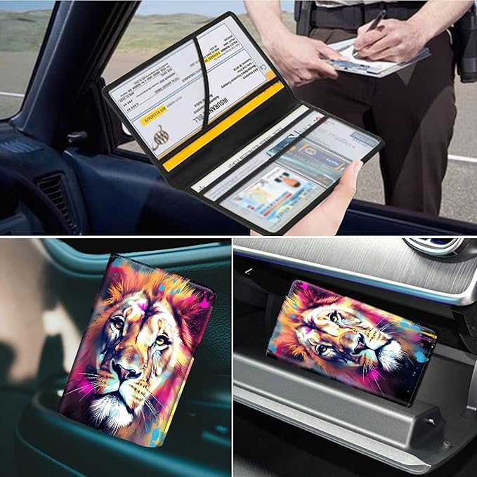 Car Registration and Insurance Holder, Leather Car Glove Box Organizer, Cool Car Accessories for ID, Driver's License Cards & Essential Document,business cards,Men&Women,Watercolor Lion