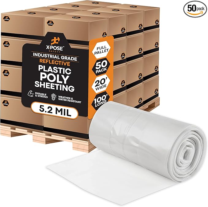 Xpose Safety Clear Plastic Sheeting (Bulk Full Pallet 50 Pack) – 20' x 100' Rolls – Heavy Duty 5.2 Mil Poly Sheet – Waterproof, Dustproof, Vapor Barrier – for Construction, Painting, Industrial Use