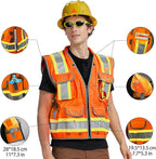 AYKRM Heavy Woven cotton High Vis Reflective work construction safety vest for men Class 2 with ipad Cargo Pockets