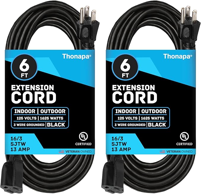 13 Amp Outdoor Extension Cord 6 ft, 2 Pack, 16/3 SJTW 6 Foot Black Extension Cord 3 Prong Multi Pack, Weatherproof ExteriorPower Cable for Outdoor Lights, Landscaping, Lawn, UL Certified