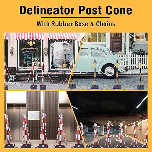 4Pack 35" Traffic Delineator Post Cone with 11" Base, Crowd Control Stands Barrier with 20ft Chains, Expandable Traffic Safety Barriers for Parking Lot, Road, Construction Caution (Red & White)