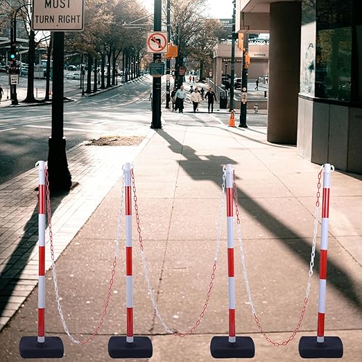 4Pack 35" Traffic Delineator Post Cone with 11" Base, Crowd Control Stands Barrier with 20ft Chains, Expandable Traffic Safety Barriers for Parking Lot, Road, Construction Caution (Red & White)