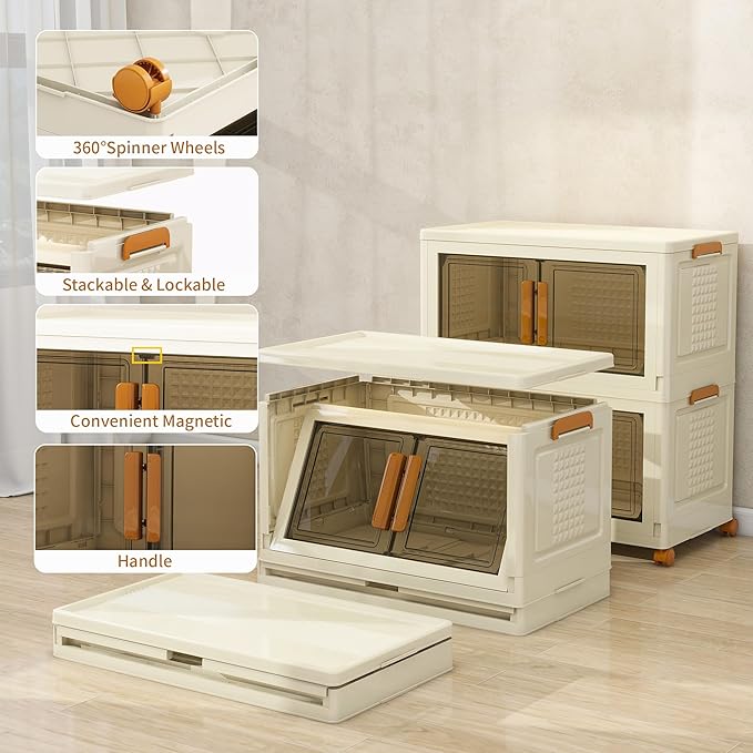 Plastic Stackable Storage Bins with Lids and Wheels, 91.2QT-45.6QT*2Tier Foldable Closet Organizers and Containers, Collapsible Clear Drawer Storage Cabinet with Doors Ivory White