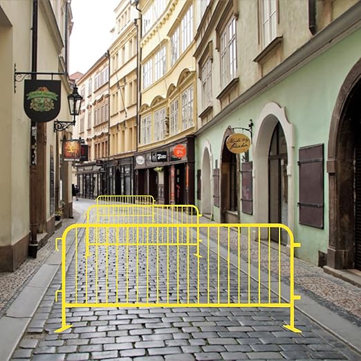 Crowd Control Warehouse Angry Bull Barricades Heavy Duty Crowd Control Metal Interlocking Barricade with Flat No-Trip Feet - 8.5 Ft. (Safety Yellow) (10 Pack)