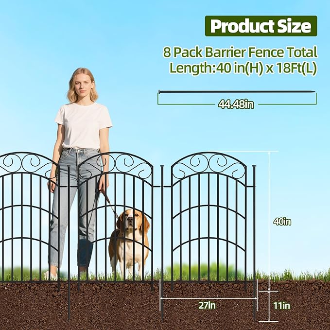 8 Panels 40in(H) Decorative Garden Fence, Total 18ft L Heavy Duty Iron Metal No Dig Animal Barrier Fence, Tall Garden Border Fencing, Temporary Dog Fencing Outdoor for Yard