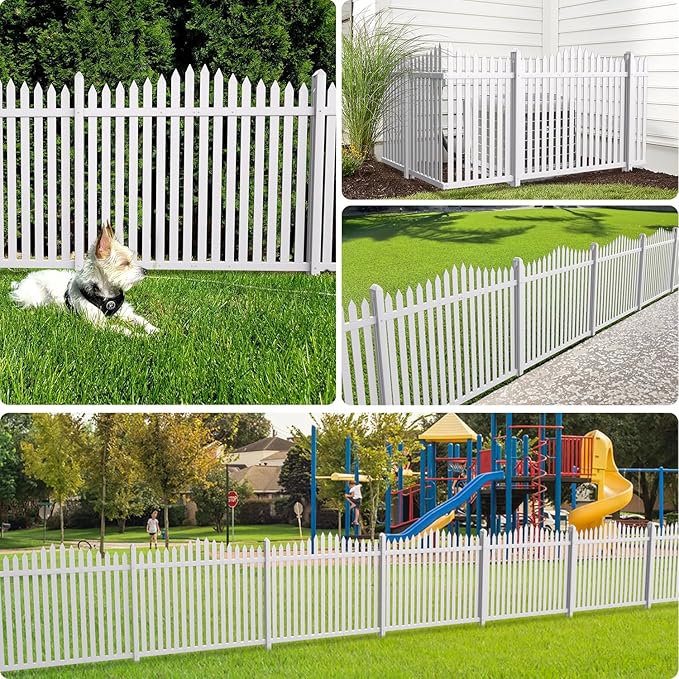 Patio Outdoor Fence 36"Hx84"L (2Sets) White Vinyl Picket Fence Panels Privacy Fence Decorative, PVC Garden Fence Temporary Fencing for Backyard Porch Dogs, Suitable for Soft Ground