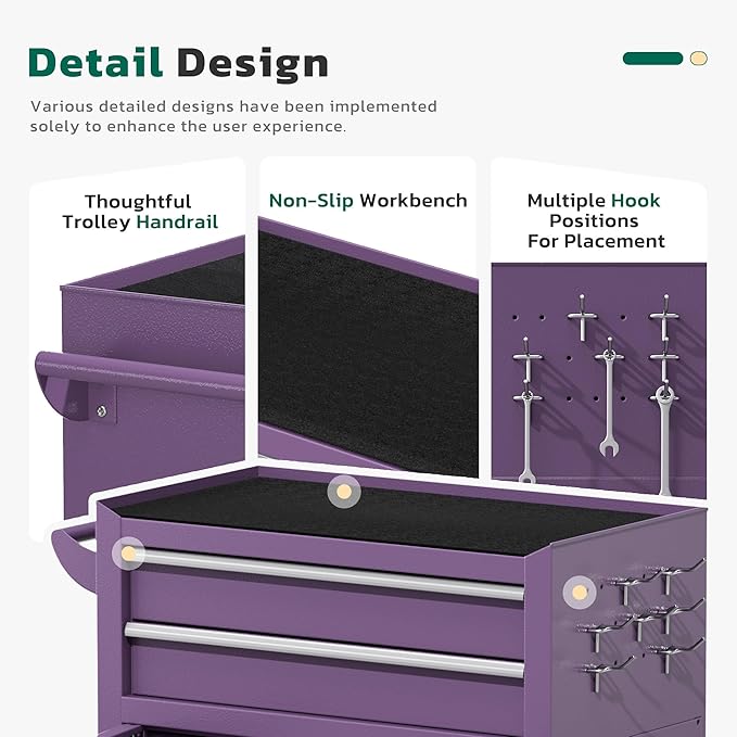 Greenvelly 8-Drawer Rolling Tool Chest, Metal Tool Chest with Wheels, Tool Cabinet with Detachable Top Tool Box, Metal Tool Cart with Liner & Hooks for Garage, Workshop, Warehouse (Purple)