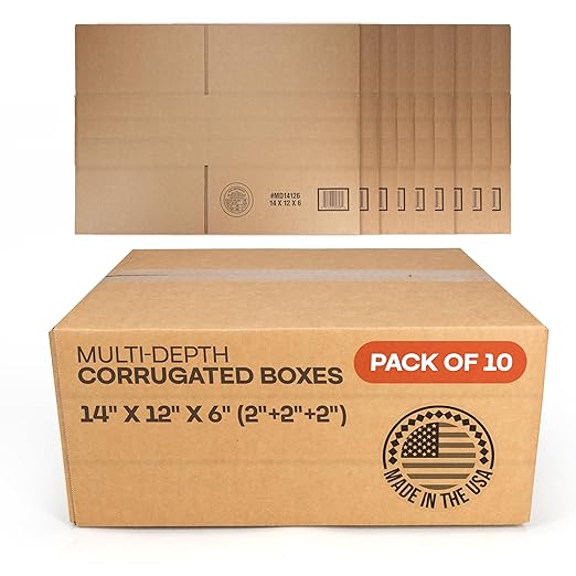 Multi-Depth Corrugated Shipping Boxes, 14"L x 12"W x 6"H, 10-Pack - USA-Made Boxes for Moving, Storage & Small Business Packaging - Heavy-Duty Cardboard Bines for Household & Office by IDL Packaging
