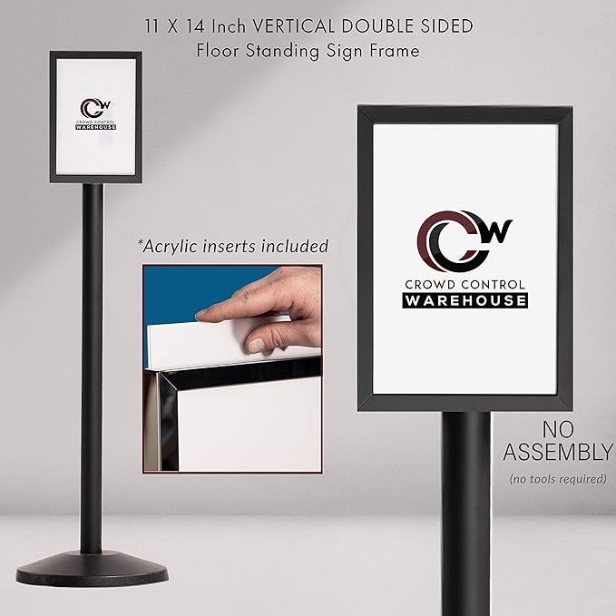 Crowd Control Warehouse Pedestal Standing Floor Sign Frame with Sloped Base, 11 x 14 Inch Vertical, Satin Brass