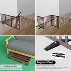 ZJSF Freestanding Indoor Dog Gate for House Foldable Wood Puppy Gate for Doorways Pet Gate for Stairs Extra Wide Pet Fence, Brown, 32" Height 6 Panels