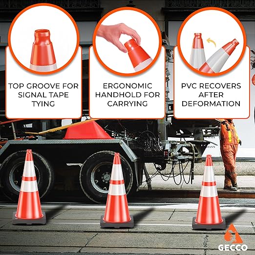 GECCO ™ (324 Cones per Pallet) 28 Inch 7 Lb Heavy Duty Orange Traffic Cones in Bulk | Durable Safety Cones, Orange Cones, Parking Cones, Construction Cones | PVC Plastic & Black Base - [PRO Series]